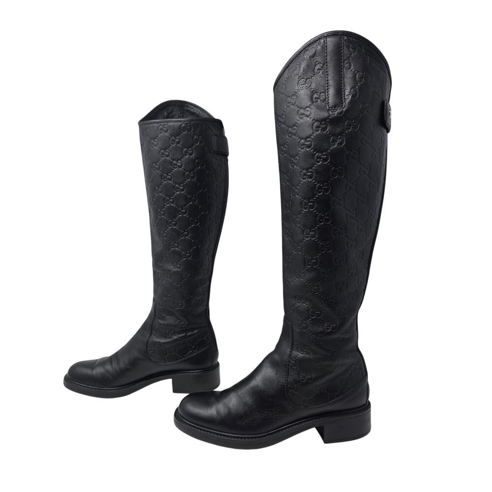 Gucci Riding Boots Guccissima GG Logo Monogram Leather Knee High Black 36 6